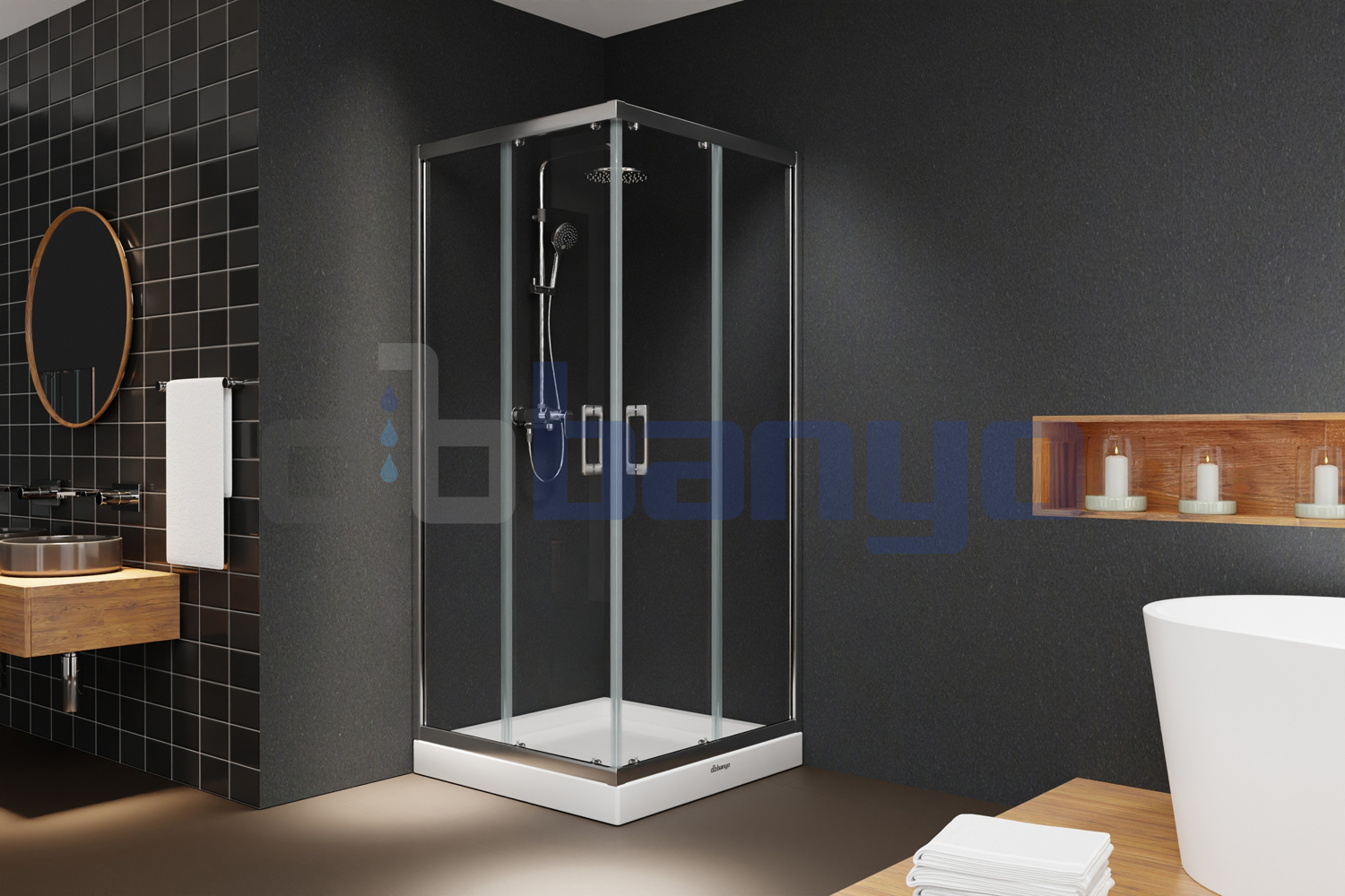 dbbanyo - 80*80 cm  İnci 5 Kare Köşe Girişli Sürgülü 2 Sabit 2 Hareketli Duşakabin