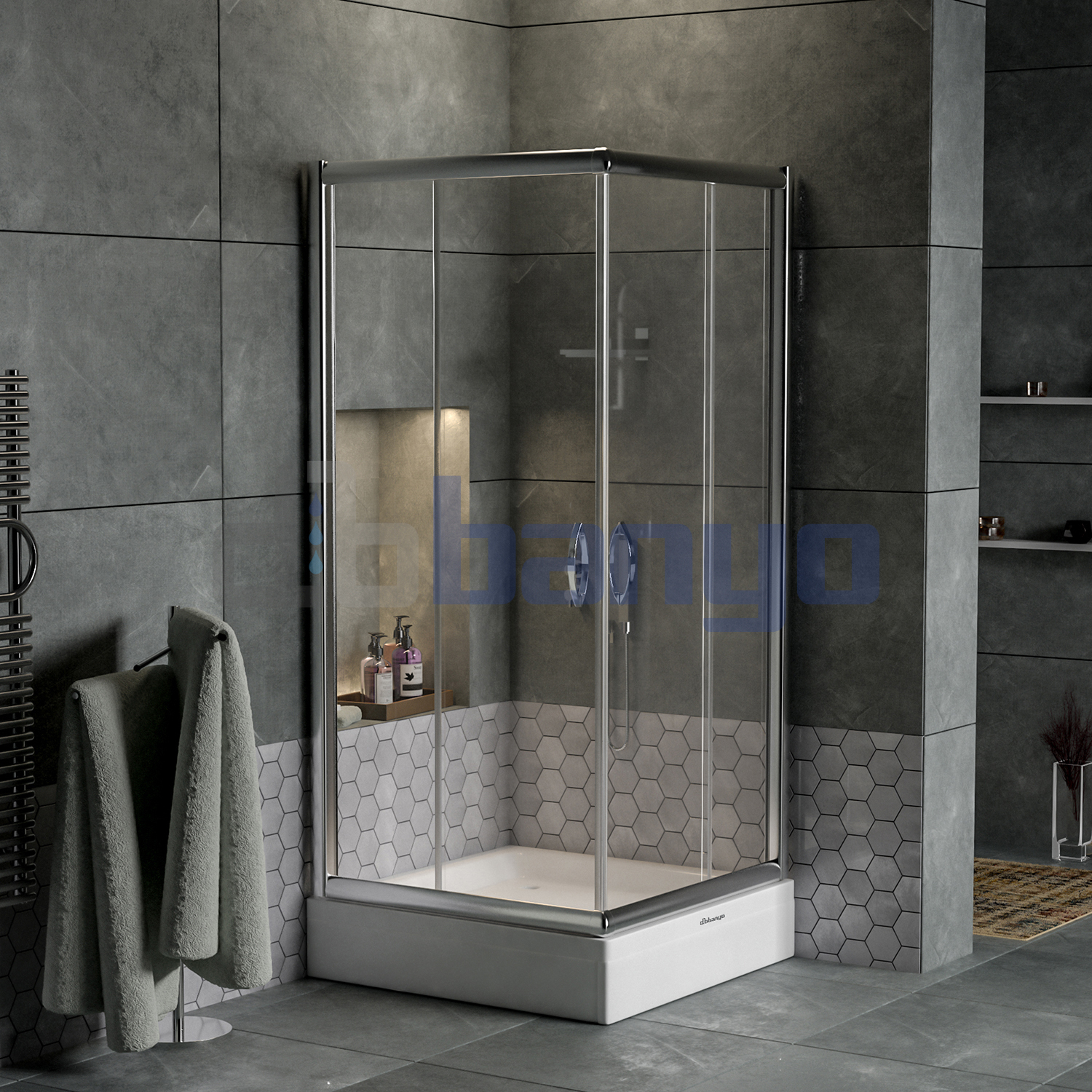 dbbanyo - 70*70 cm  Venüs Kare Köşe Girişli Sürgülü 2 Sabit 2 Hareketli Duşakabin