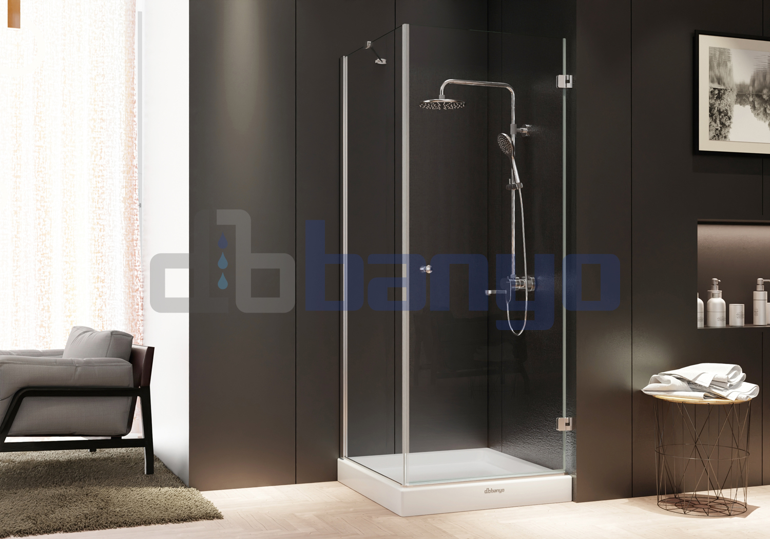 dbbanyo - 70*70 cm  Papatya Kare Ön Cephe Girişli Kelebek Menteşeli 1 Açılır ve Yan Panel Duşakabin