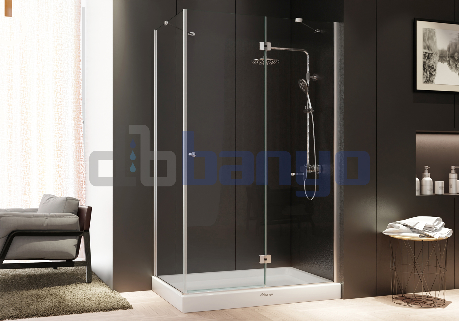 dbbanyo - 70*100 cm  Papatya Ön Cephe Girişli Kelebek Menteşeli 1 Sabit 1 Açılır ve Yan Panel Duşakabin