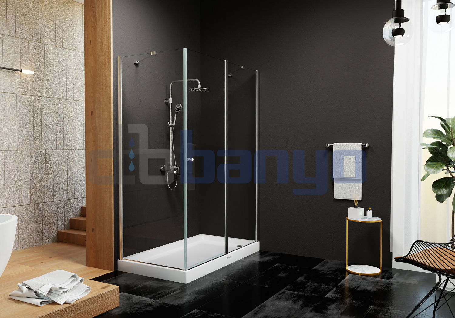 dbbanyo - 70*100 cm  Göksu Ön Cephe Girişli Boy Menteşeli 1 Sabit 1 Açılır ve Yan Panel Duşakabin