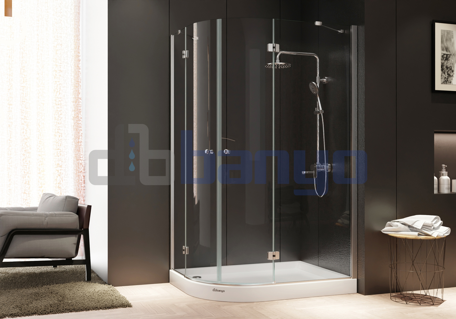 dbbanyo - 80*90 cm  Papatya Sağ Asimetrik Kelebek Menteşeli 2 Sabit 2 Açılır Duşakabin