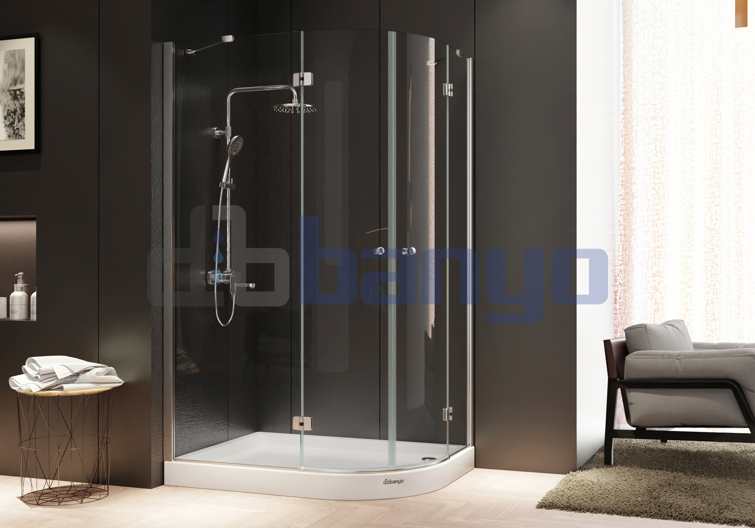 dbbanyo - 80*90 cm  Papatya Sol Asimetrik Kelebek Menteşeli 2 Sabit 2 Açılır Duşakabin