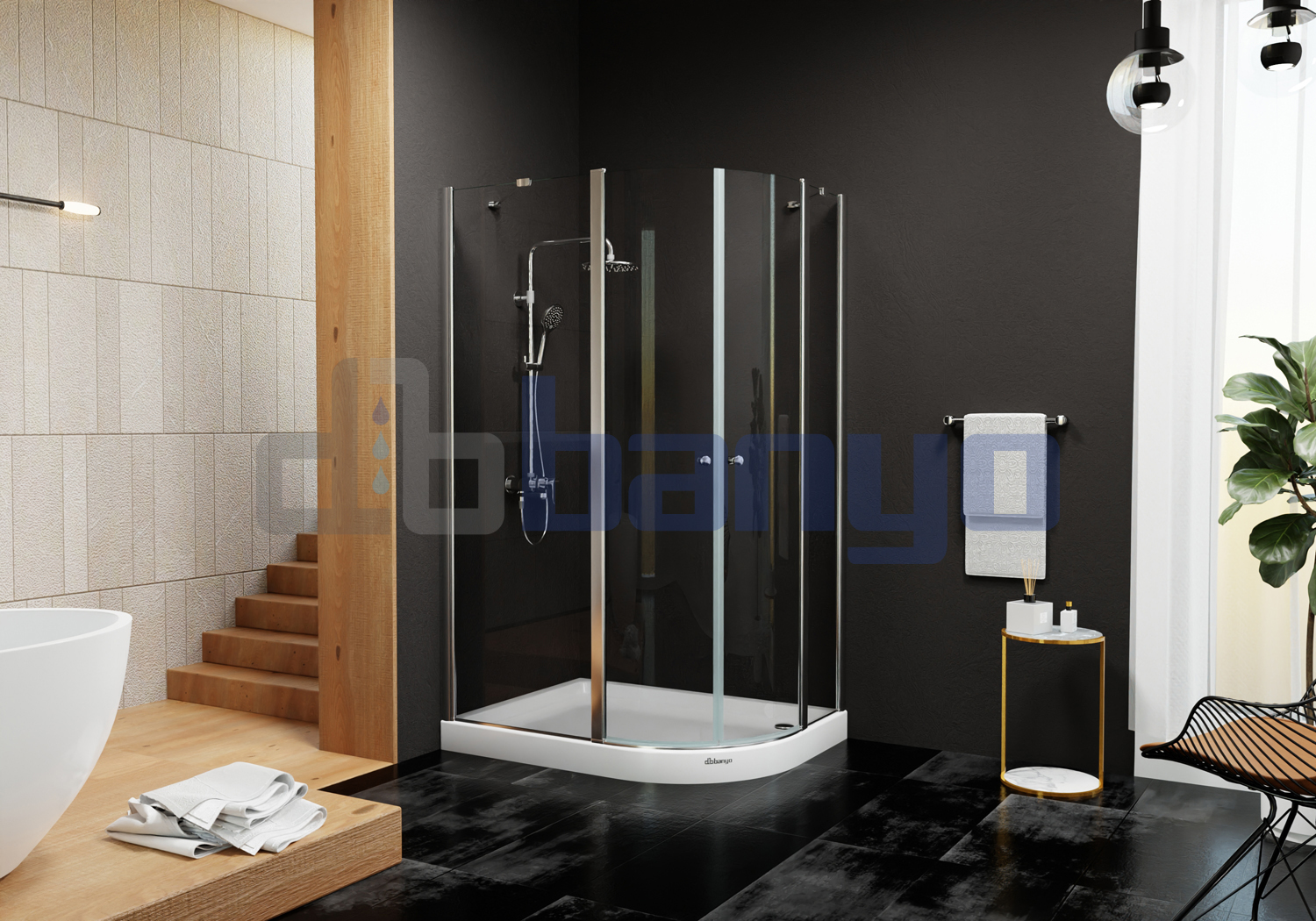 dbbanyo - 80*90 cm  Göksu Sol Asimetrik Boy Menteşeli 2 Sabit 2 Açılır Duşakabin