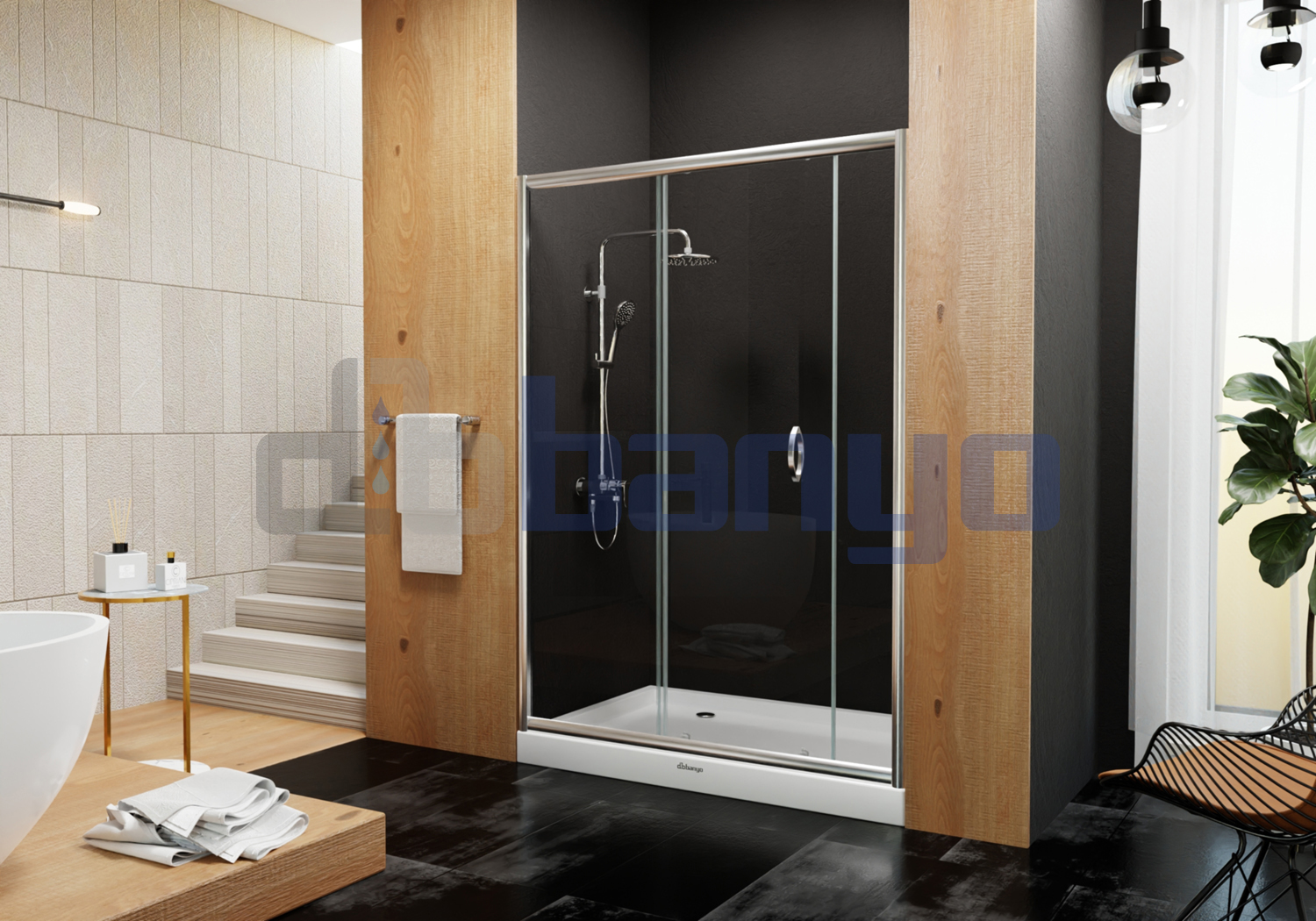 dbbanyo - 151-160 cm  Venüs Ön Cephe Girişli Sürgülü 2 Sabit 1 Hareketli Duşakabin