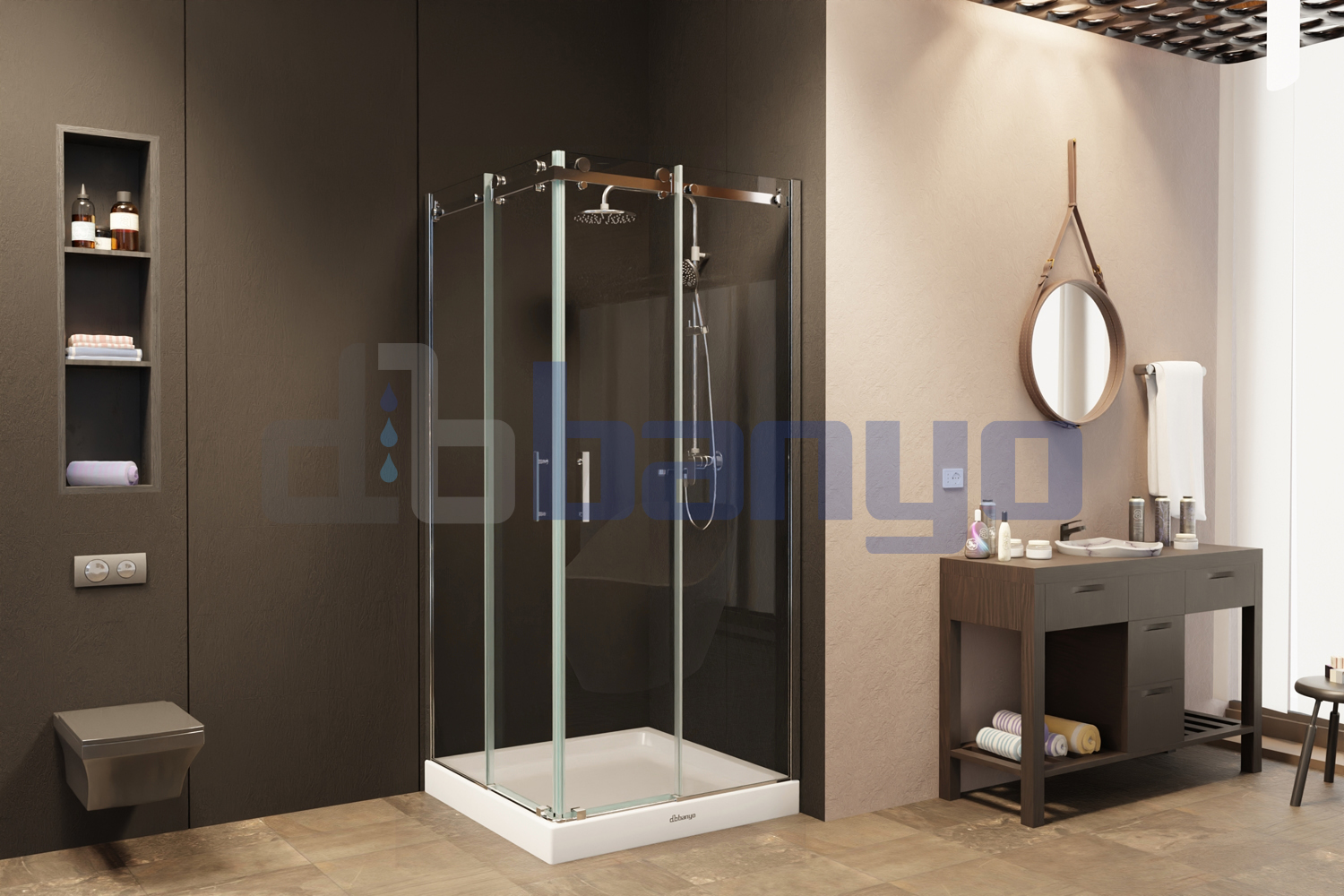 dbbanyo - 80*80 cm  Düden Kare Köşe Girişli Paslanmaz Askılı 2 Sabit 2 Hareketli Duşakabin