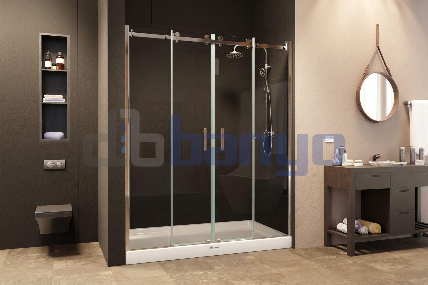 dbbanyo - 130-140 cm  Düden Ön Cephe Girişli Paslanmaz Askılı 2 Sabit 2 Hareketli Duşakabin