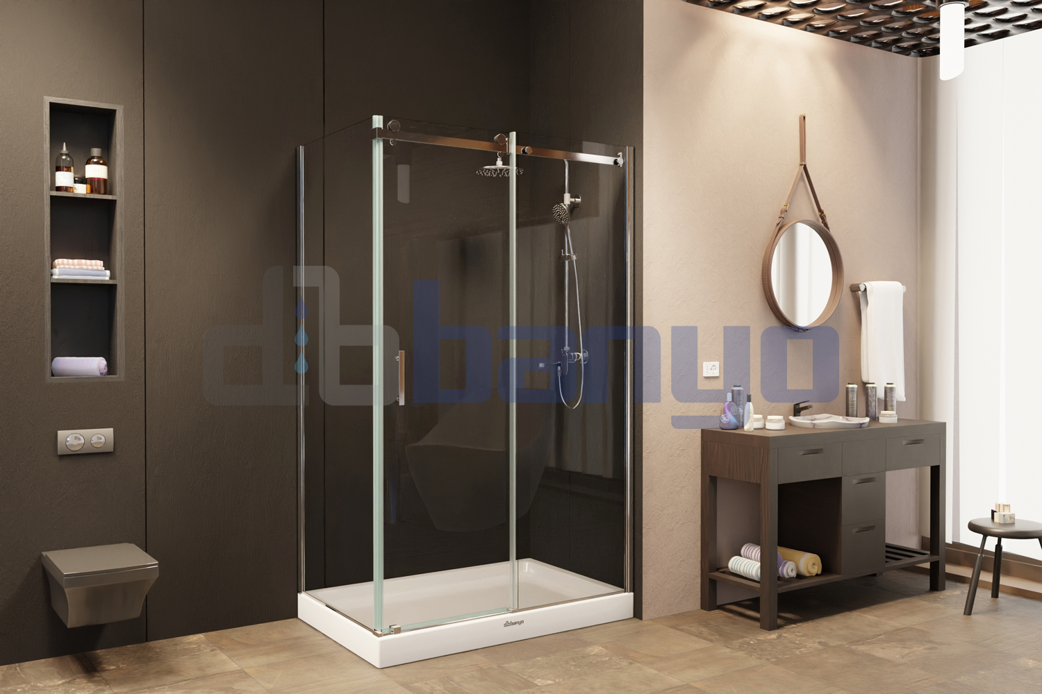 dbbanyo - 70*130 cm  Düden Dikdörtgen Paslanmaz Askılı 1 Sabit 1 Hareketli ve Yan Panel Duşakabin