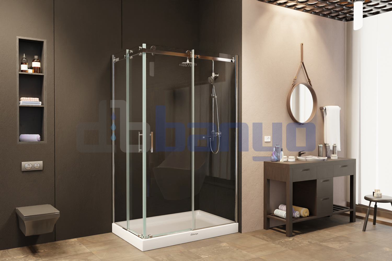 dbbanyo - 70*90 cm  Düden Dikdörtgen Köşe Girişli Paslanmaz Askılı 2 Sabit 2 Hareketli Duşakabin