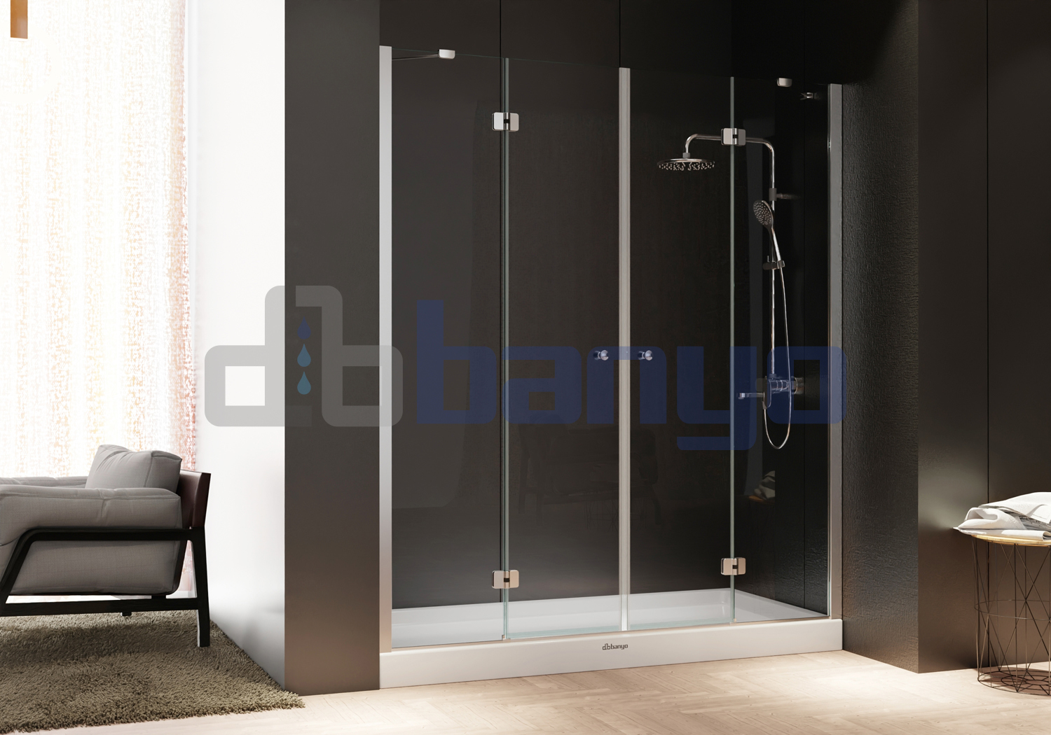 dbbanyo - 130-140 cm  Papatya Ön Cephe Girişli Kelebek Menteşeli 2 Sabit 2 Açılır Duşakabin