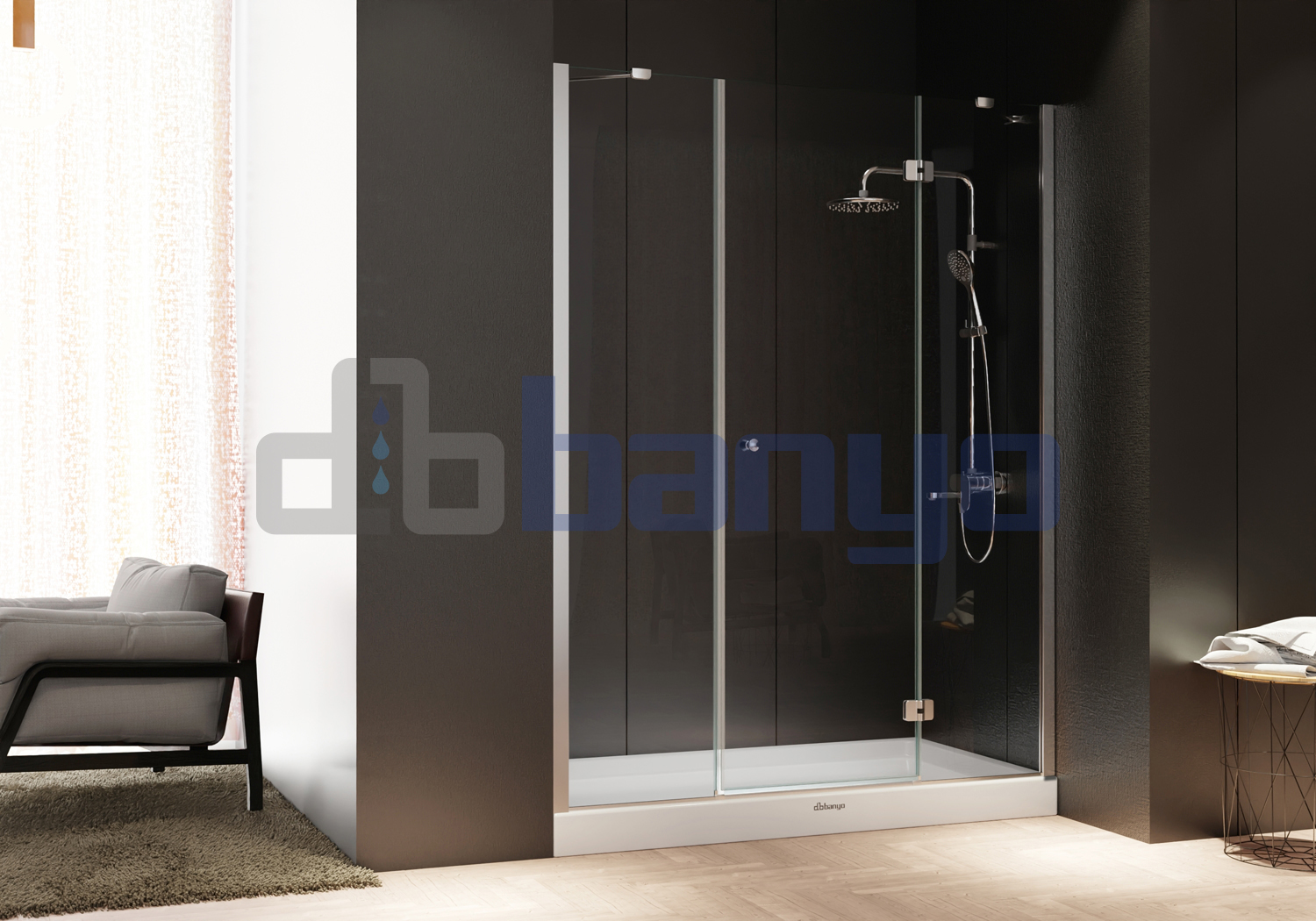 dbbanyo - 110-120 cm  Papatya Ön Cephe Girişli Kelebek Menteşeli 2 Sabit 1 Açılır Duşakabin