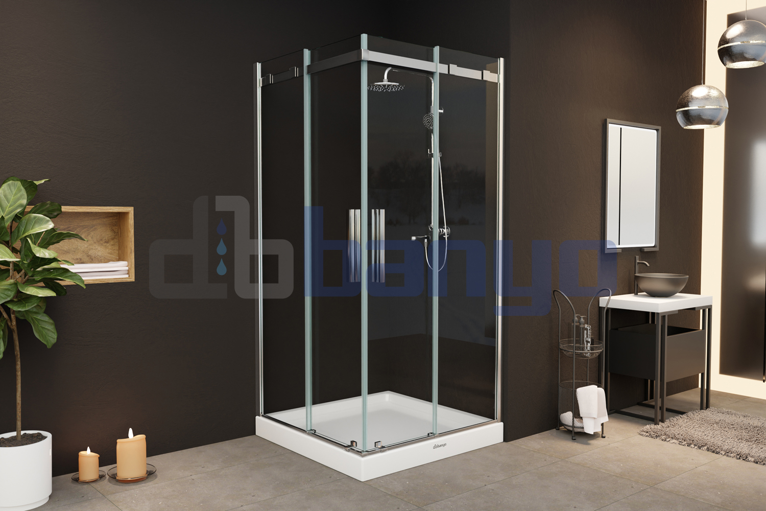 dbbanyo - 80*80 cm  Mercan Kare Köşe Girişli Askılı 2 Sabit 2 Hareketli Duşakabin