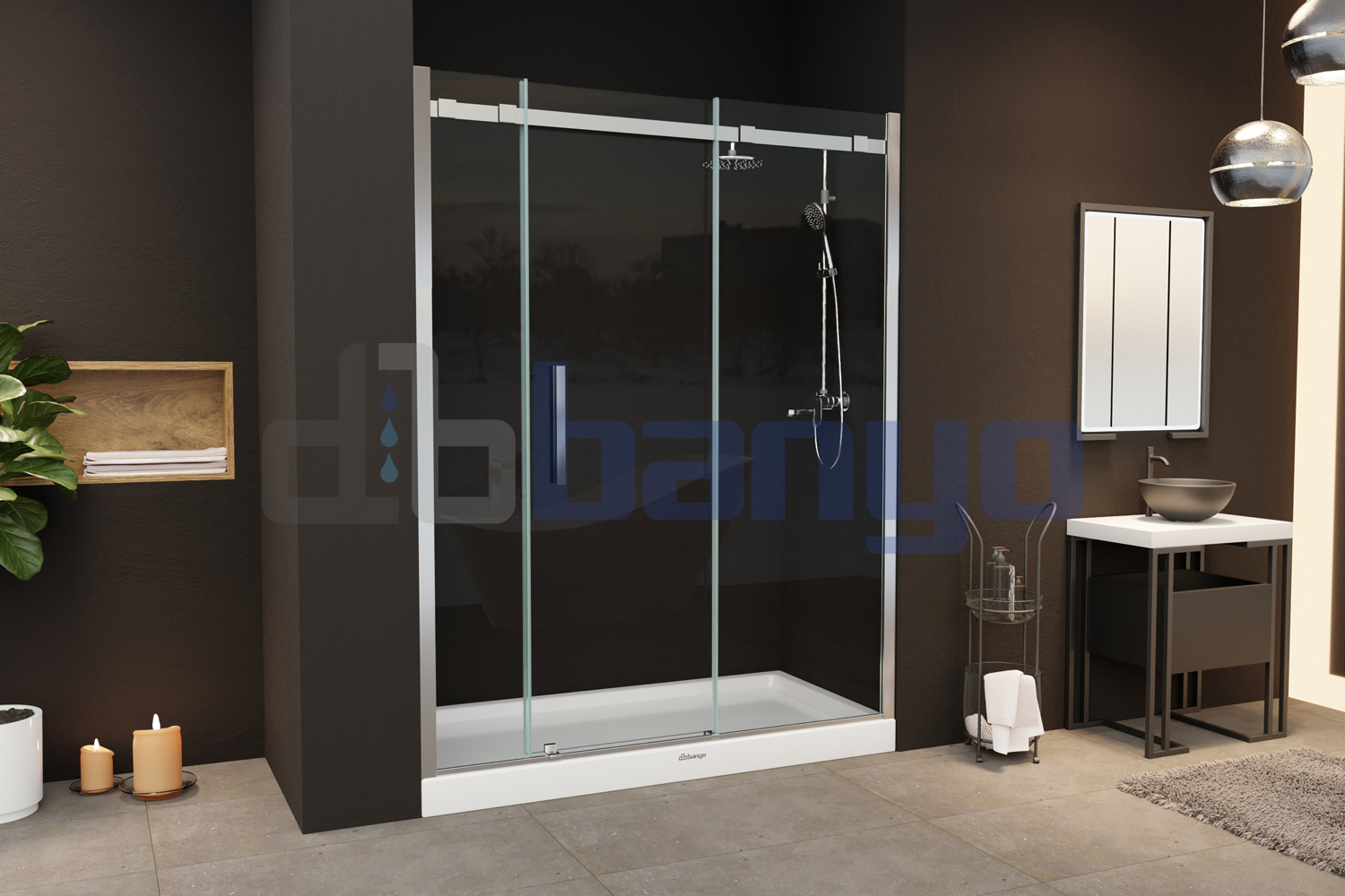 dbbanyo - 151-160 cm  Mercan Ön Cephe Girişli Askılı 2 Sabit 1 Hareketli Duşakabin